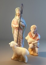Fenton Nativity Shepherd Set 3 Pc Standing Shepherd Lamb Figurine Signed picture