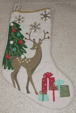 White Christmas Stocking Featuring Reindeer Christmas Tree And Gifts Gold Trim picture