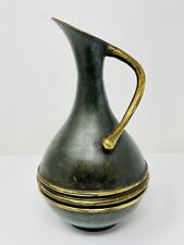Vintage Brass Hand Made Decorative Pitcher Vase Made in Israel 9” Tall picture