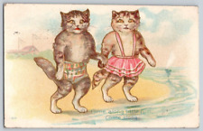 Antique Postcard~ Anthropomorphic Cats Holding Hands On The Beach~ Come Along picture