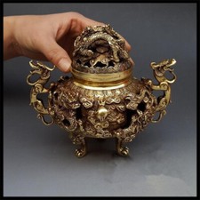 China Collectible Copper Hollow Antique Kowloon Incense Burner Crafts Desktop picture