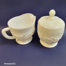 Vintage Imperial Milk Glass Grape Embossed Footed Creamer & Sugar Bowl Set picture