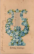 Vintage 1908 Birthday Postcard Blue Forget-Me-Not Flowers Embossed picture