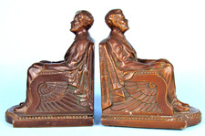Nuart Antique Bronzed Metal Bookends Abraham Lincoln on Throne with Flag 1924 picture