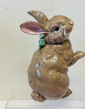 Adorable Vintage KAY FINCH California Pottery Brown RABBIT W/Green Bow Figurine picture