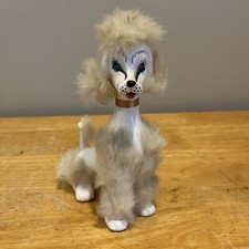 Vintage White Porcelain Poodle Dog Figurine with Fur rhinestone eyes 7.5” picture