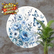 Blue Floral Butterfly Round Metal Sign Elegant Botanical Wall Decor Plaque picture
