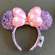 Disney Parks Purple Sequin Minnie Mouse Ear with Pink Polka Dot Bow Headband US picture