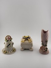 Vintage Porcelain Floral Vanity Set- Dinner Bell, Lidded Trinket Box, Pink Vase picture