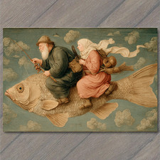 POSTCARD Surreal Giant Fish Riders Sky Folk Tale Dream Fantasy Painting picture