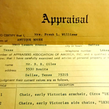  1968 antique appraisal document, Dallas Texas, Frank Williams Antique House picture