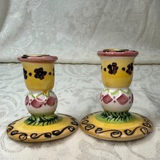 Vintage Hand Painted Candlestick Holders With Brass Inserts Set Pair off Two picture