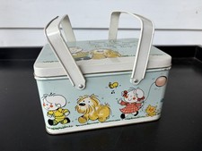 Vintage ENESCO Metal Picnic Basket Tin Small Lunch Box Retro God Food Dog picture