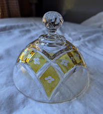 Glass Dome Cloche Cover Lid w/ Faceted Knob, Clear Yellow White Floral Bohemian  picture
