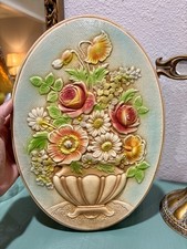 Vintage  3D hand-painted chalkware or plaster relief floral wall plaque picture