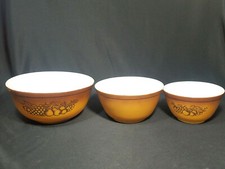 Vintage Pyrex Bowls Set Of Three Early 70's Old Orchard Butterscotch picture