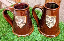 RARE Pair (2) ~ Brown Inverted-V 16 oz Deneen Pottery Tankards - 1985 picture