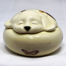 Takahashi San Francisco Ceramic Lidded Trinket Box Sleeping Puppy Butterfly READ picture