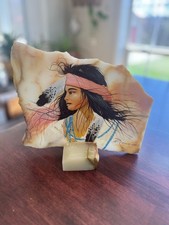 Vintage Native American Woman Hand Painted on Stone Slab Signed picture
