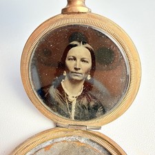 Antique 19th C Woman Sepia Photo Pocket Watch Locket Gold Tone Engraved Case picture