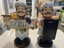 Bon Appetit Chef Statues 13.5”Resin French Bistro Kitchen Wine Bakery Decor Pair picture