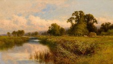 Excellent Oil painting landscape Large haystack by sunset river picture
