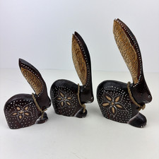 VTG Hand Carved Wood Bunny Rabbit Figurine Set 3 Folk Art Easter Decor Statues picture