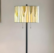 Elegant Green and Creme Tiffany Style Stained Glass Floor Lamp Drum Shade picture