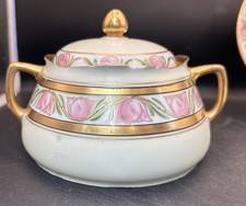 Antique Silesia Hermann Ohme Germany Porcelain Pink Floral Sugar Bowl 1880s Chip picture