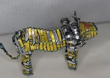 Folk Art Recycled Tin Can Art Lion Sculpture Figurine Yellow & White  picture
