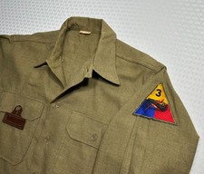 Vtg 40s 1942 WWII 3rd Armored Division Olive Wool Gas Flap LS Button Shirt 16-33 picture
