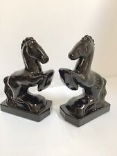 Vintage LE Smith Black Glass Horse Bookend Set Rearing Bronco Statue MCM picture
