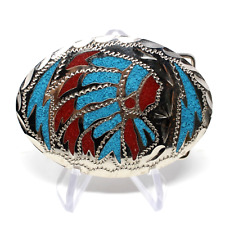 Vintage Silver Native American Chief Belt Buckle with Turquoise and Coral Inlay picture