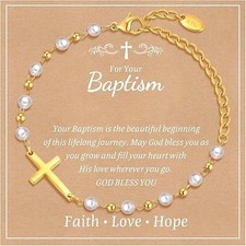 Baby Cross Bracelet Gift 18K Gold Plated Pearl Baptism Communion Jewelry picture