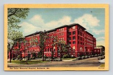 Union Memorial Hospital Baltimore Maryland Street View Old Cars Linen Postcard picture