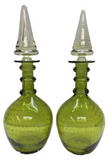Pair Art Glass Decanters Green Bubbles Rings Submerso Stoppers Beautiful Pair picture