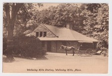 Postcard of horse drawn carriage Wellesley Hills Station, Wellesley MA picture