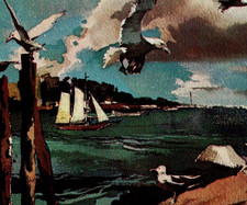 Vintage Postcard Chrome MA Coastline Artwork By Laurence Sisson Gulls Sailboats picture