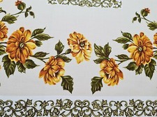 VINTAGE FLORAL ART SUMMER FLOWERS PRINT YELLOW BROWN COTTON BLEND TABLECLOTH picture