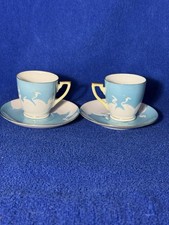 Vtg Chikaramachi Japan Hand Painted Demitasse Cups&Saucers (2) Blue White Cranes picture