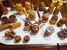 Vintage Wooden Salt & Pepper Shaker Lot – Figural Rabbits Turkeys Souvenir Japan picture