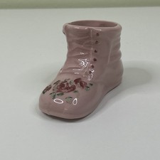 Vintage Pink Baby Shoe Pottery Vase or Planter Unmarked With HandPainted Roses picture