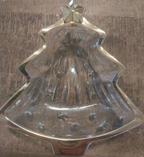 Gold Trimmed Crystal Christmas tree Candy dish Holliday picture
