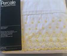 VTG JCP White Twin Flat Sheet Eyelet Yellow Embroidered Trim NEW 1980s Retro picture