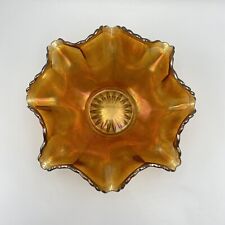 Vintage Marigold Carnival Glass Bowl Ruffled Edges Star Base Pattern Clear Base picture