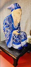 Jurojin, the Japanese Taoist-derived God of Longevity hand-painted cobalt blue picture