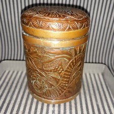 VTG CHINESE TIBETAN COPPER BRASS DRAGON TEA CADDY HIGH RELIEF LIDDED CANISTER picture