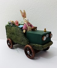 Vtg HM Easter Bunny Rabbit Driving FORD Cart Wooden Wheels Green Pressed-Straw picture
