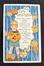 Vintage On Halloween Postcard Whitney Made Boy With Jack-o-Lanterns Antique picture