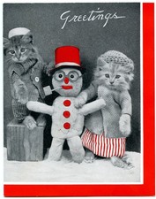 KITTY CATS KITTENS POSING WITH SNOWMAN VTG 1937 CHRISTMAS GREETING CARD picture